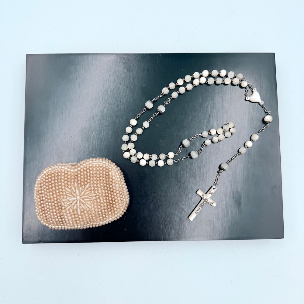 Vintage Mother of Pearl Catholic Rosary Crucifix 18" Beaded Case Religious